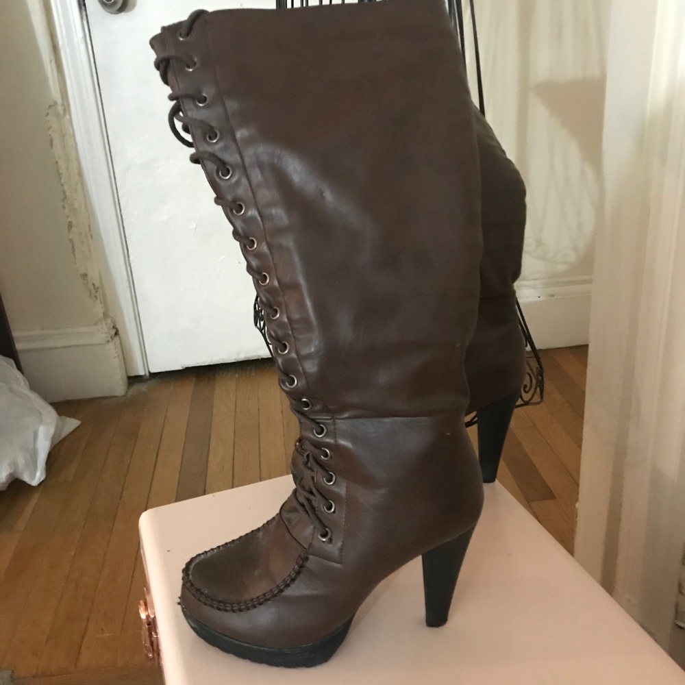 brown knee high heel boots